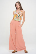 Tropical Leaf Print Halter Neck Backless Top