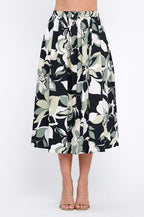 Cotton Floral Print Flowy Midi Skirt with Pockets