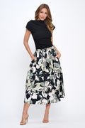 Cotton Floral Print Flowy Midi Skirt with Pockets