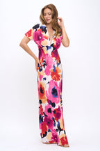 Floral Print Deep V neck Kimono Style Maxi Dress