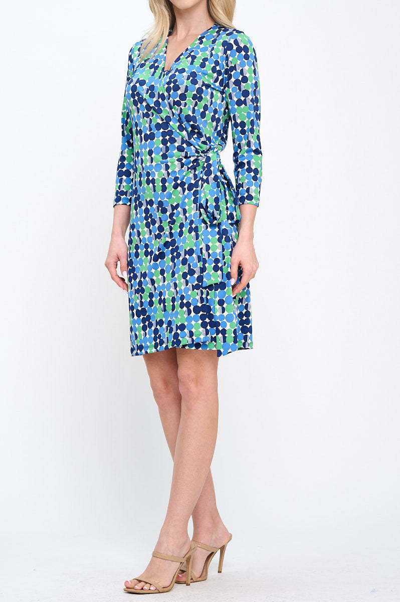 Polka Dot V neck Jersey Wrap Dress with Tie