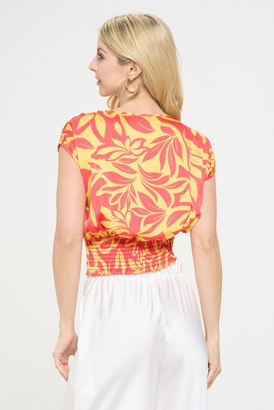 Satin Floral Print V neck Crop Top w Smock Back Detail