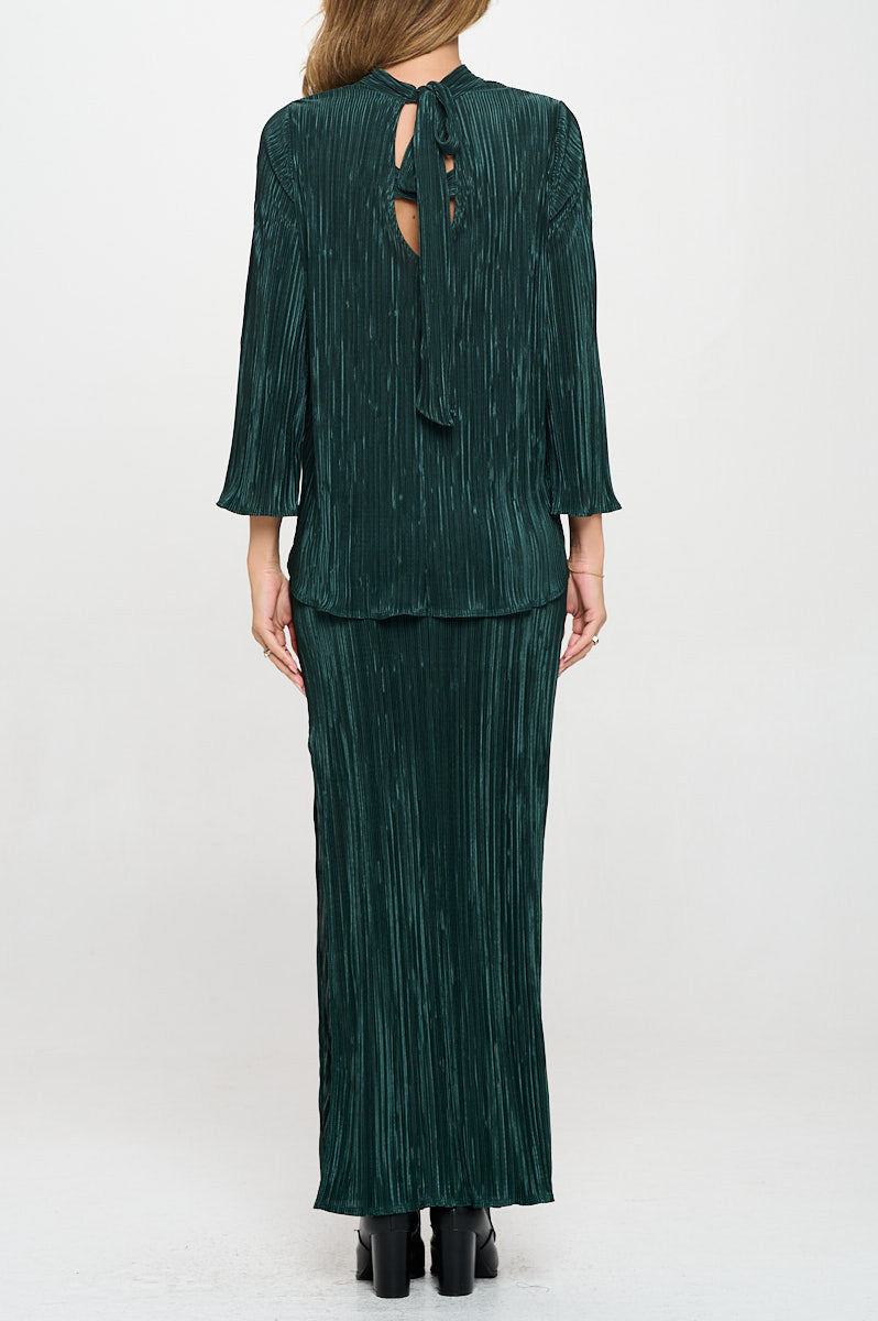 Plisse V neck Top with Open Back Detail and Tie