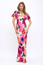 Floral Print Deep V neck Kimono Style Maxi Dress