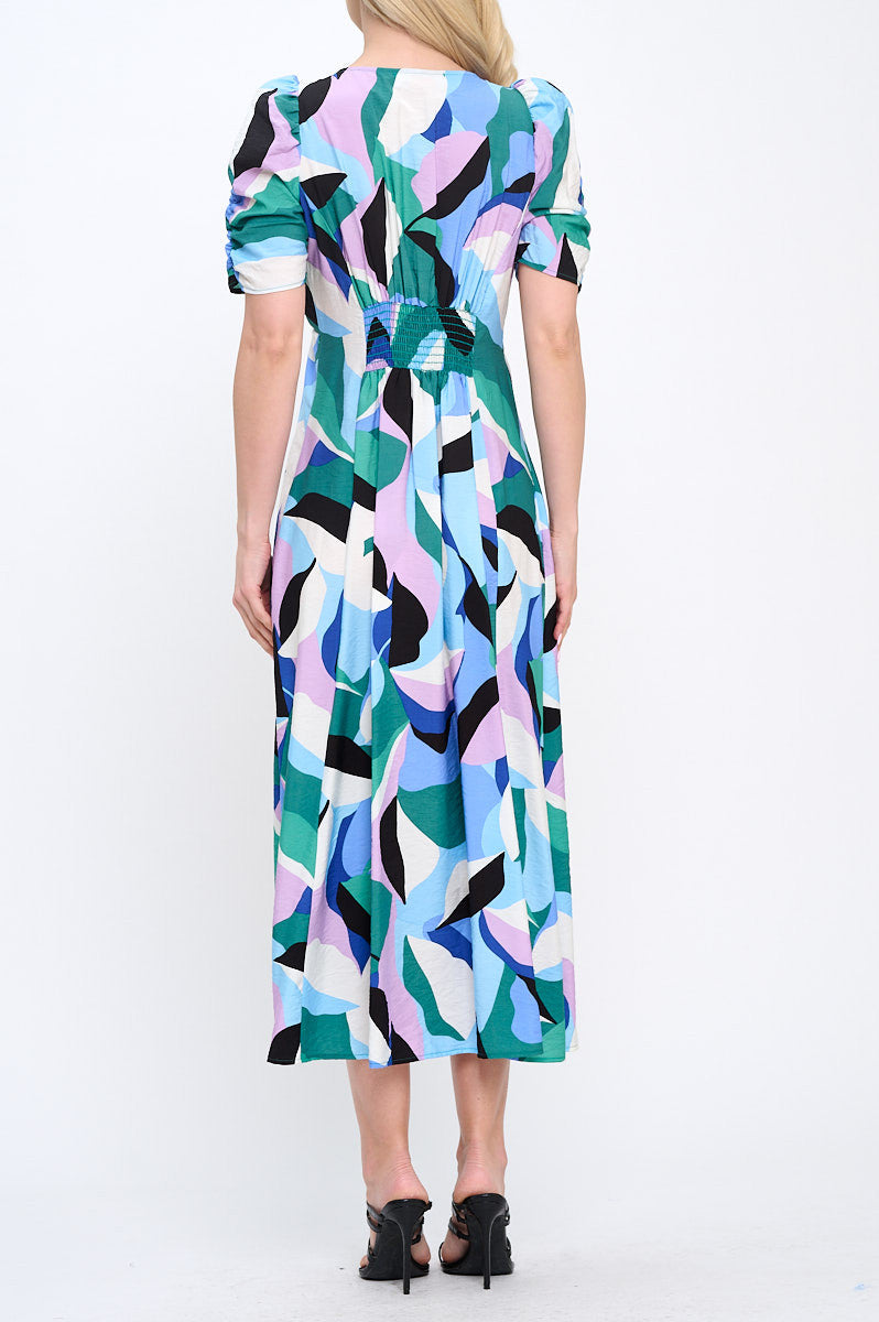 Abstract Print V neck Midi Dress