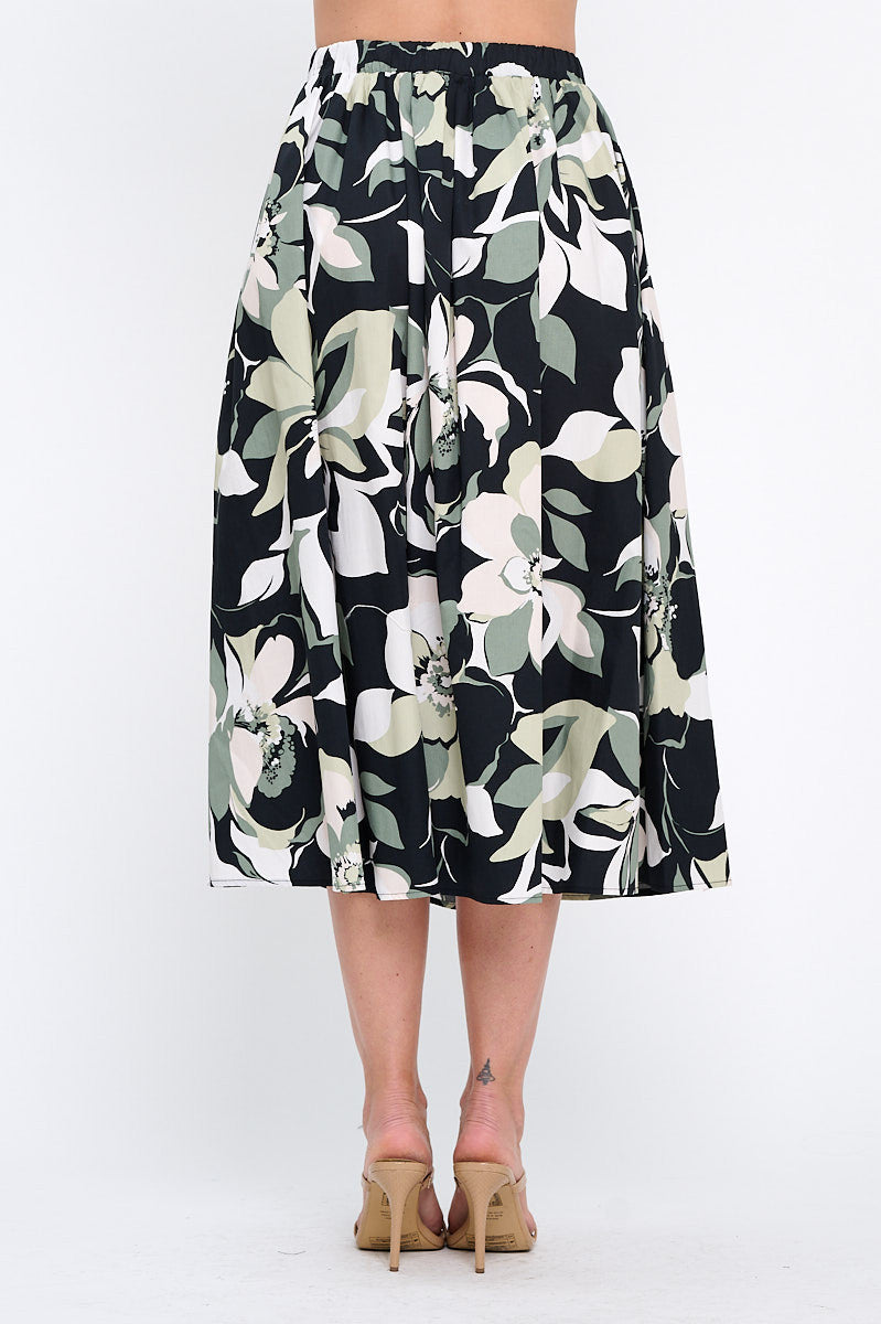 Cotton Floral Print Flowy Midi Skirt with Pockets