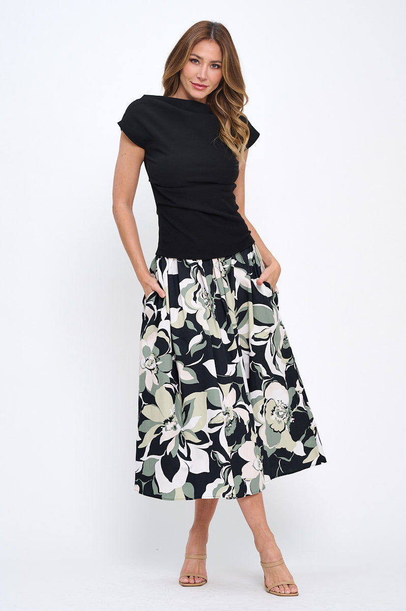 Cotton Floral Print Flowy Midi Skirt with Pockets