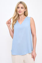 Linen Solid V neck Sleeveless Top