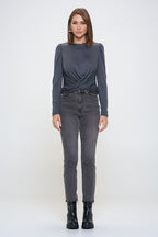 Knit Top with Puff Long Sleeve and Front Twist