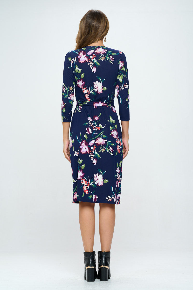 Floral Print V neck Jersey Wrap Dress with Tie