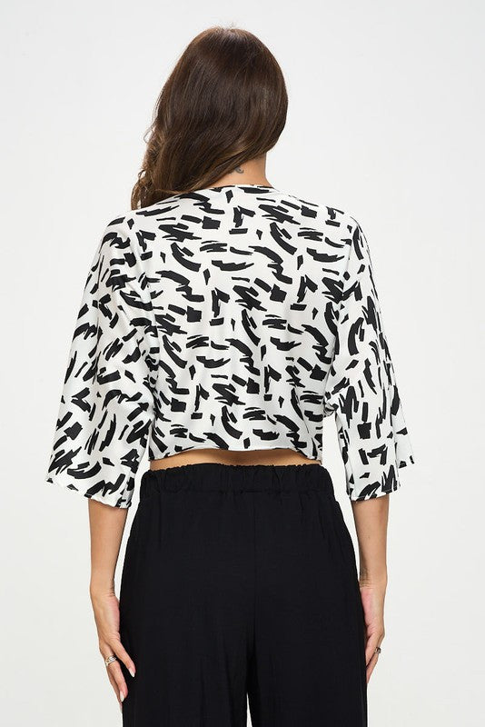 Satin Print Mid Sleeve Top with Front Twist