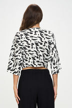 Satin Print Mid Sleeve Top with Front Twist