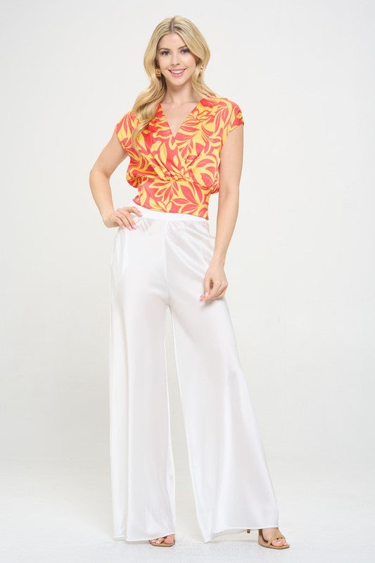 Satin Floral Print V neck Crop Top w Smock Back Detail