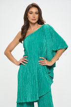 Plisse One Shoulder Draped Tunic Dress