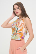 Tropical Leaf Print Halter Neck Backless Top