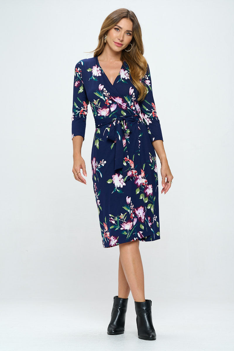 Floral Print V neck Jersey Wrap Dress with Tie