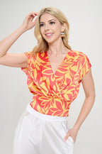Satin Floral Print V neck Crop Top w Smock Back Detail