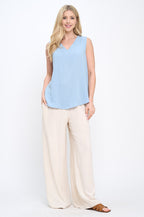 Linen Solid V neck Sleeveless Top