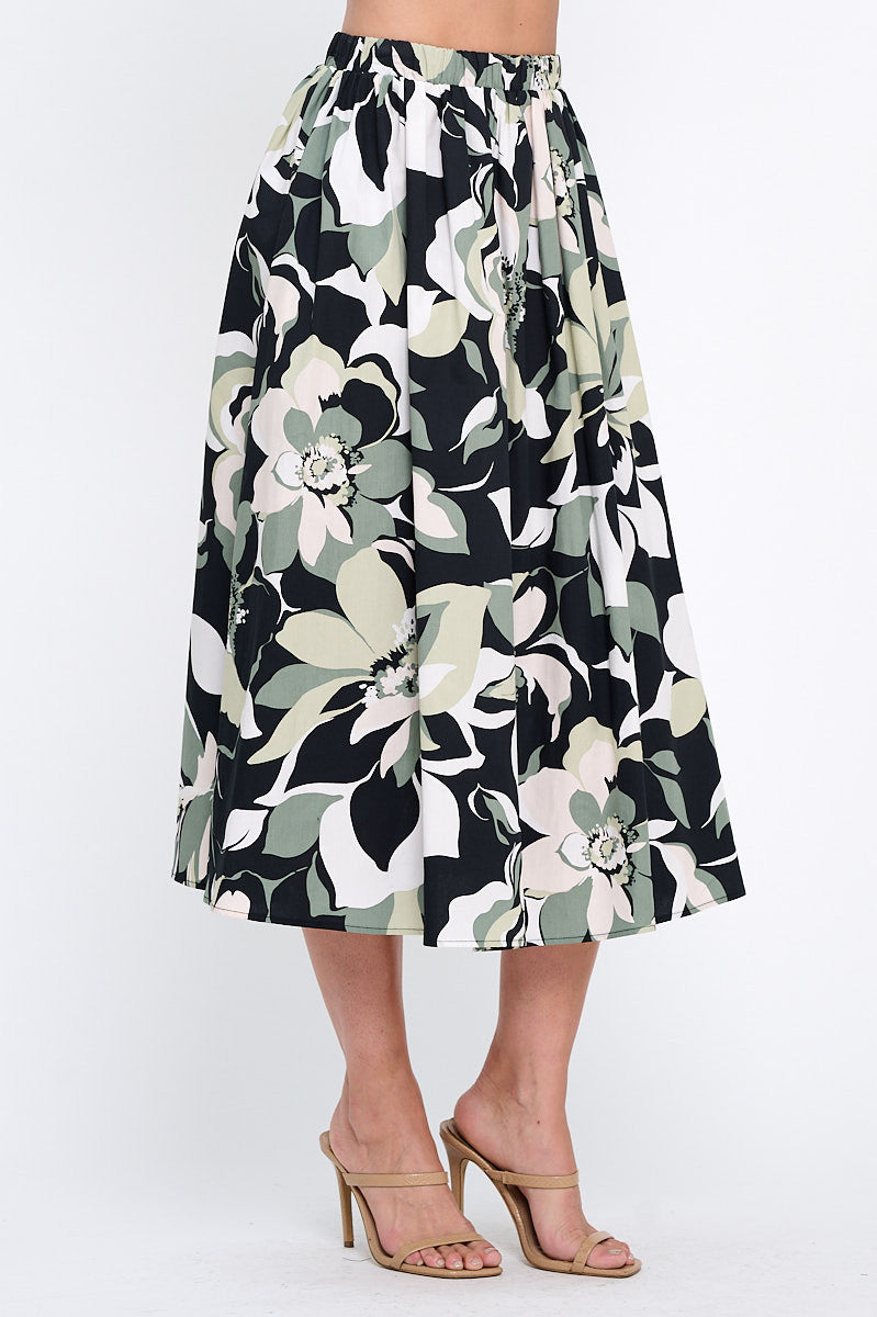 Cotton Floral Print Flowy Midi Skirt with Pockets