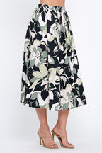 Cotton Floral Print Flowy Midi Skirt with Pockets
