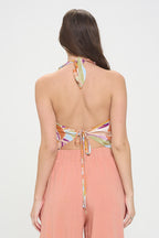 Tropical Leaf Print Halter Neck Backless Top