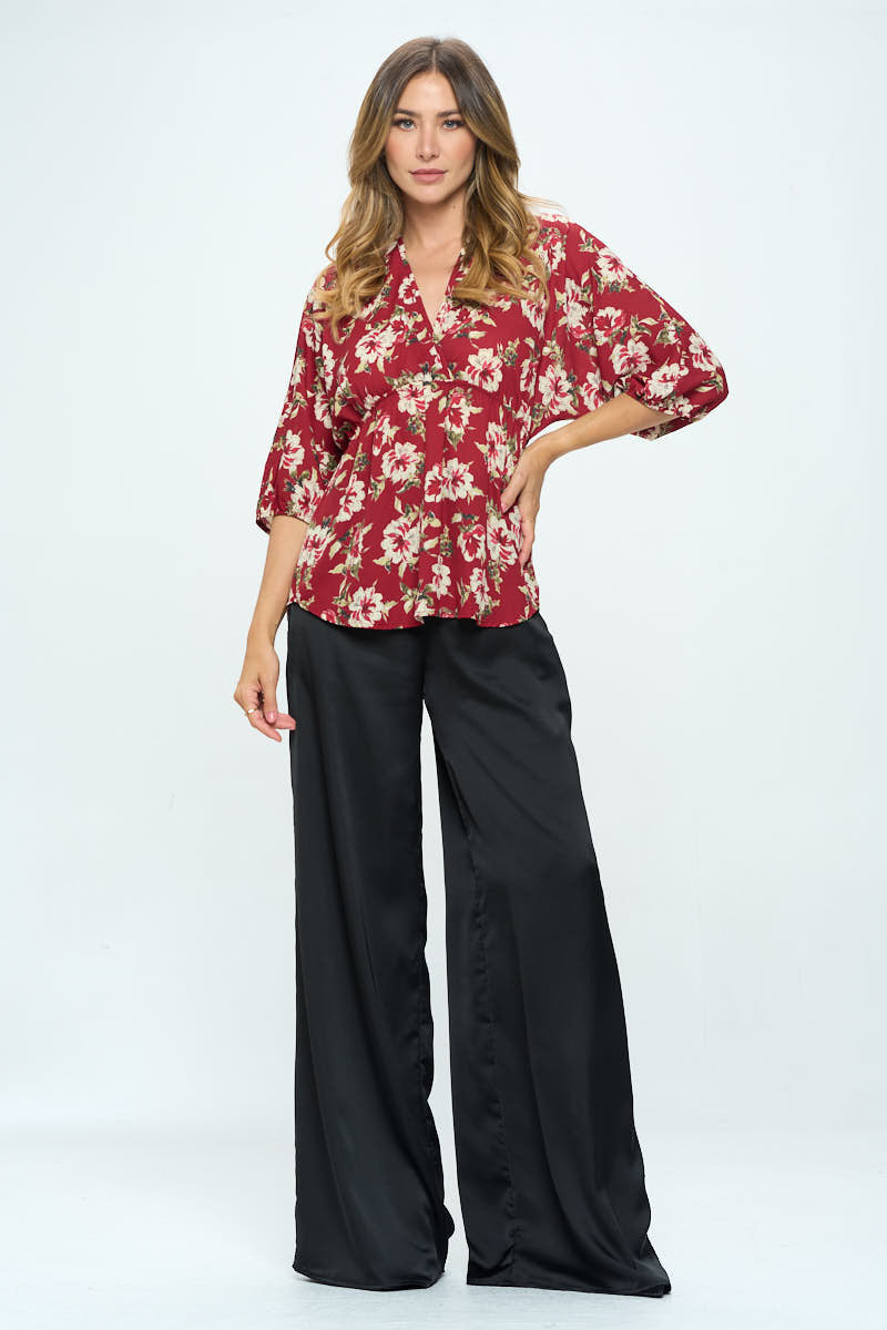 Floral Print V neck Kimono Top