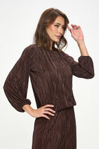 Plisse Solid Round neck Top with 3/4 Sleeve