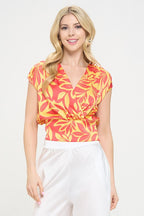 Satin Floral Print V neck Crop Top w Smock Back Detail